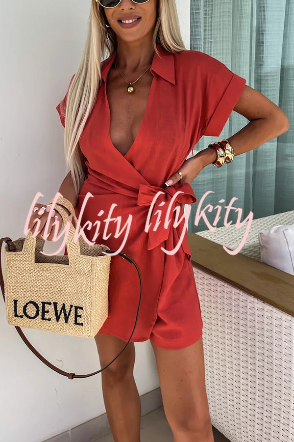 Relaxing Beach Linen Blend Solid Color Wrap Loose Shirt Romper