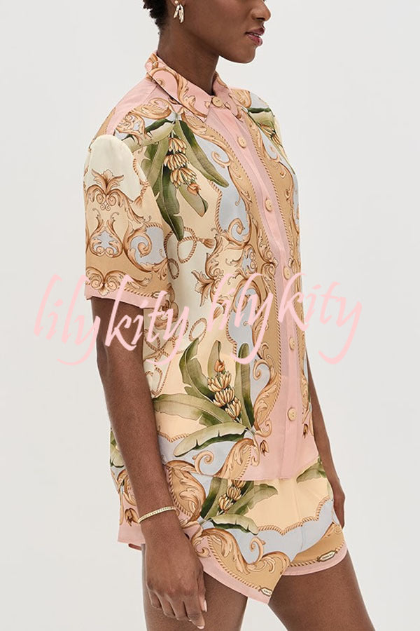 Royalty Unique Print Button Up Short Sleeve Shirt and Elastic Waist Pocketed Loose Shorts Set