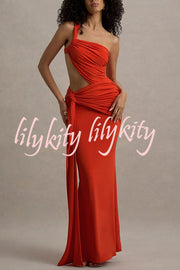 Sexy One-shoulder Backless Ribbon Pleated Slim Maxi Dress
