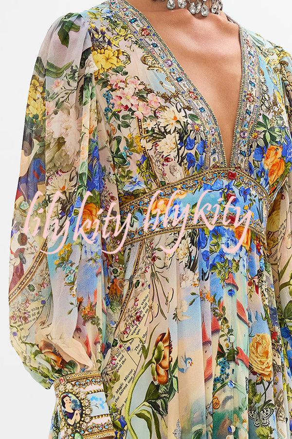 Fairy Tale Print V-Neck Lantern Sleeve Waist Maxi Dress