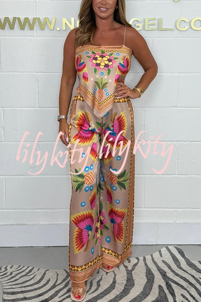 Parrot Satin Unique Print Scarf Tank and Elastic Waist Wide Leg Pants Set