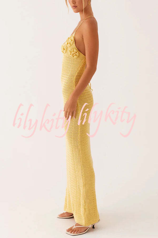 Olivia Crochet Knit Rose Texture Backless Stretch Maxi Dress