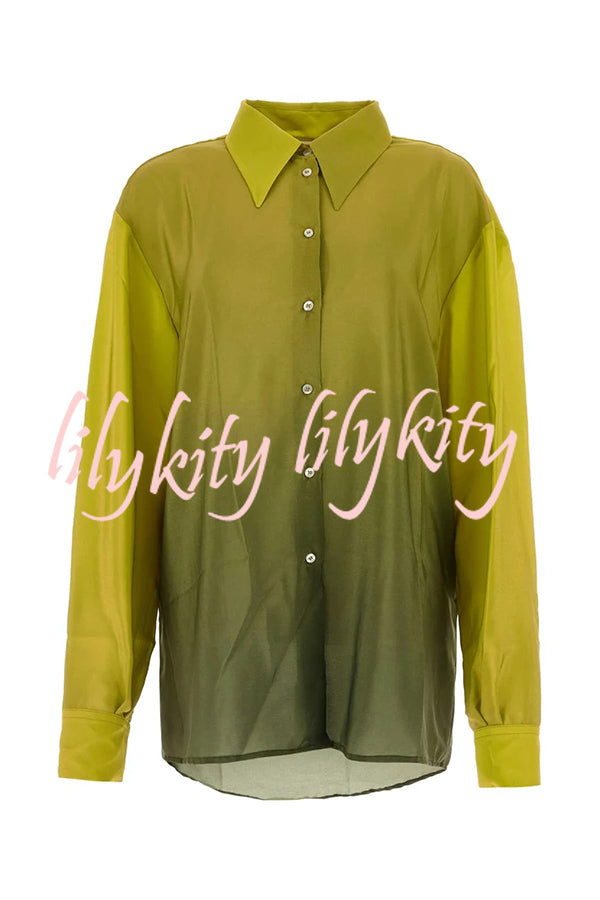 Moonlit Waltz Gradient Print Button Up Long Sleeve Loose Blouse