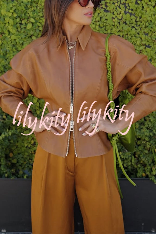 Pop of Brown Faux Leather Double Zipper Detail Balloon Sleeve Lapel Jacket