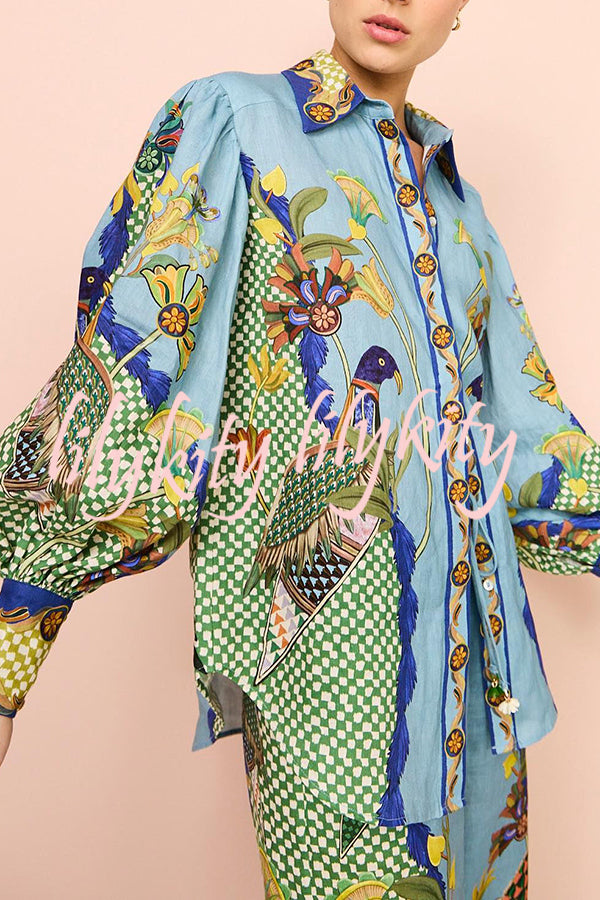 Sun Seeking Unique Heaven Bird Print Balloon Sleeve Button Loose Shirt