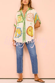 Tropical Escapes Satin Unique Print Shirt and Elastic Waist Pocketed Button Shorts Set