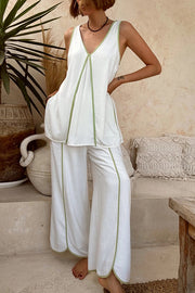 Vera Contrast Piping Panels A-line Tank and Elastic Waist Pocketed Wide Leg Pants Set