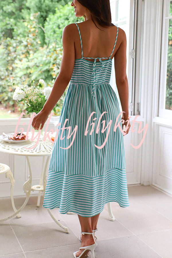 Striped Print Suspenders Gathered Lace-up Loose Midi Dress