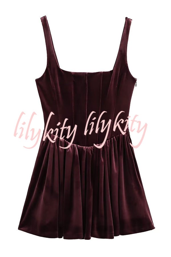 Solid Velvet Square Neck Slim Fit Mini Dress