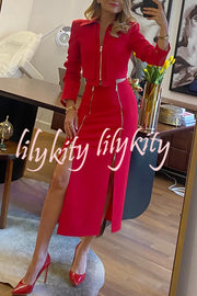 Stylish Mood Zippered Detail Crop Jacket and High Rise Stretch Slit Midi Skirt Set