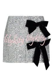 Holiday Party Sequin Velvet Bow Detail High Rise Stretch Mini Skirt