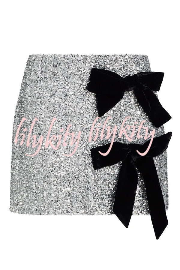 Holiday Party Sequin Velvet Bow Detail High Rise Stretch Mini Skirt