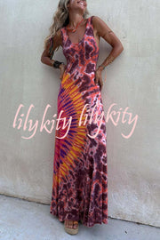 Boho Happiness Tie-dye Print Back Lace-up Stretch Maxi Dress