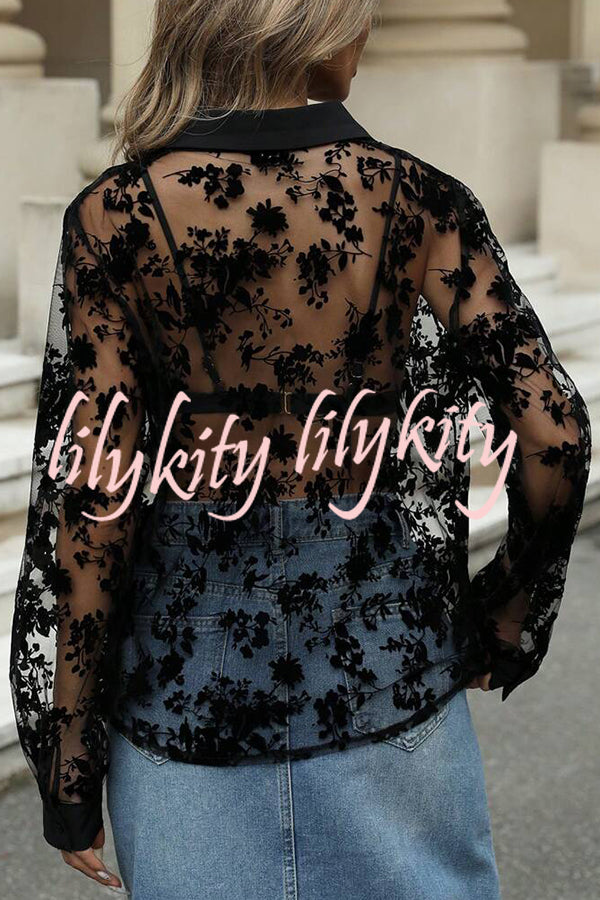 Fashion See-through Plant Lace Long Sleeve Loose Shirt