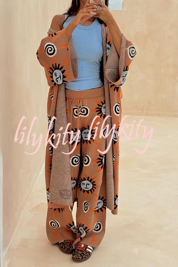 Mediterranean Art Knit Unique Sun Vortex Print Bell Sleeve Long Cardigan