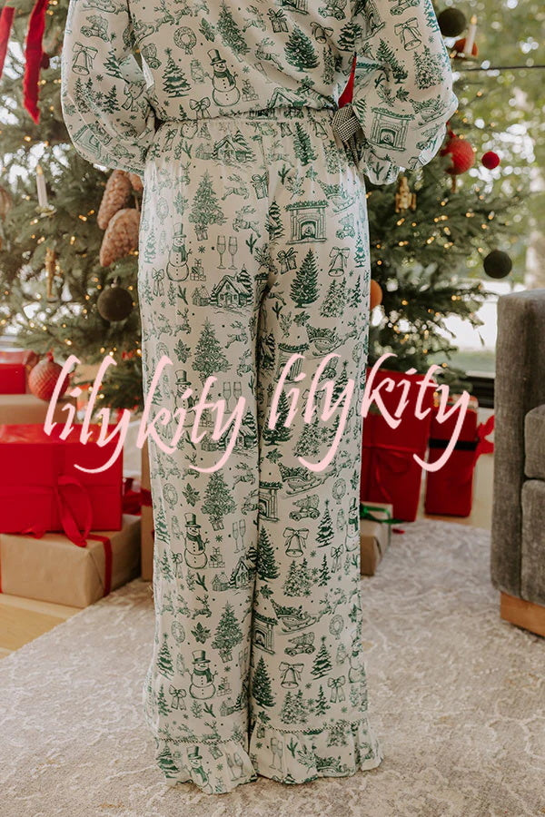 Christmas Night Satin Loose Shirt and Elastic Waist Pocketed Pajama Set