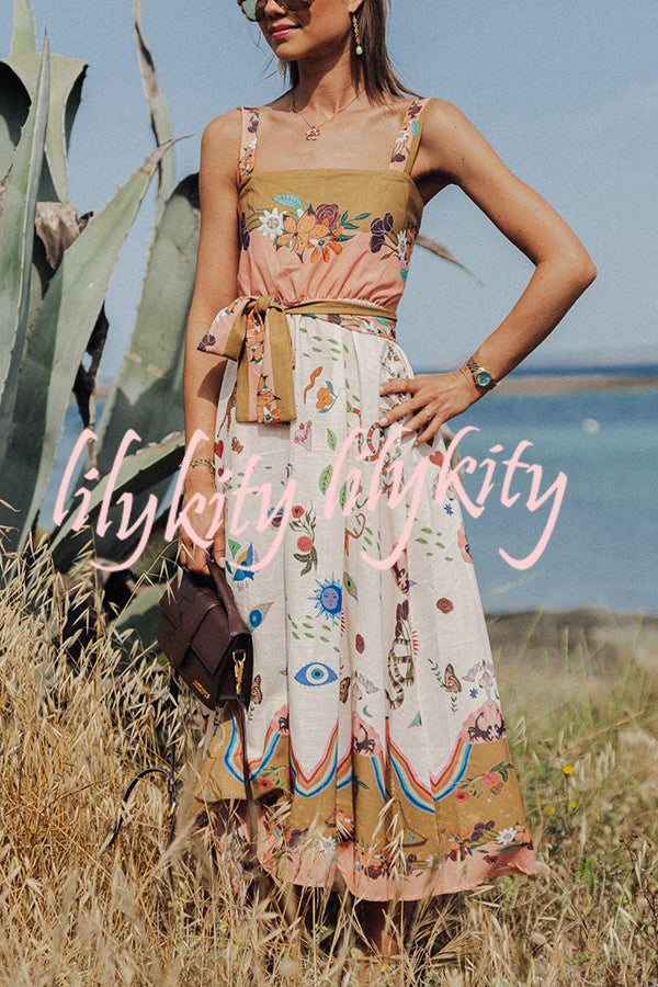 Summer Vibes Linen Blend Unique Print Smocked Belt Midi Dress