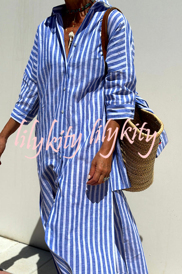 Summer Splendor Printed Button Half Sleeve Belt Loose Shirt Midi Dress