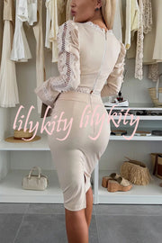 Career Beauty Lace Paneled Long Bell Sleeve Crop Top and High Rise Mini Skirt Set