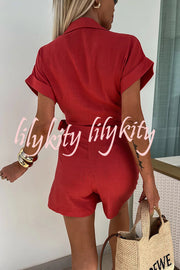 Relaxing Beach Linen Blend Solid Color Wrap Loose Shirt Romper