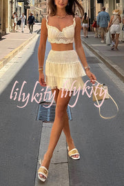 Resort Style Solid Knit Camisole Top and Fringed Cutout Mini Skirt Set