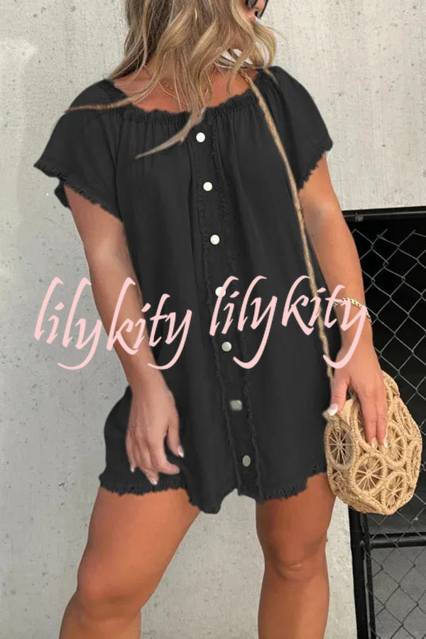 Fashionable Off Shoulder Short-sleeved Loose Denim Mini Dress