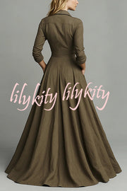 Linen Blend Lapel Pocket Single-breasted Shirt-style Casual Maxi Dress