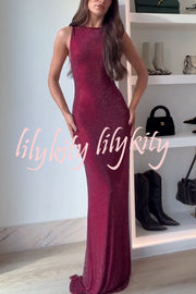 Holiday Nights Sequin Boat Neck Sleeveless Slit Maxi Dress