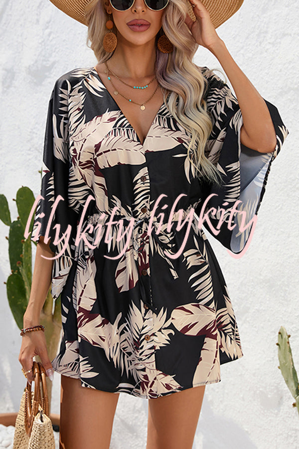 Botanical Print Button Drawstring Waist Dolman Sleeve Loose Romper