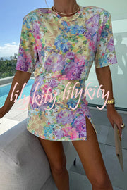 Favor Romance Floral Print Shoulder Pad T-shirt and Mini Skort Set