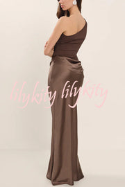 Kaia Satin Contrast Fabric Patchwork One Shoulder Ruched Maxi Dress