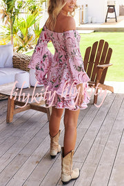 Floral Print Off The Shoulder Pleated Bell Sleeve Fitted Mini Dress