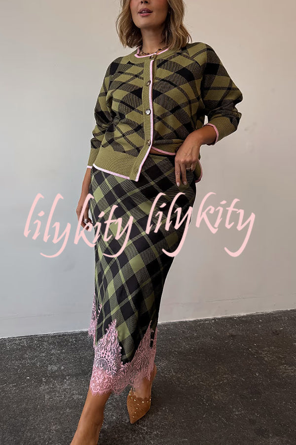 Holiday Plaid Knit Color-blocked Trim Button Long-sleeved Loose Cardigan