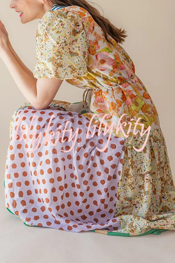 Linen Blend Unique Print Lapel Puff Sleeve Casual Midi Dress