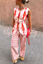Good Luck Linen Blend Koi Pattern Metal Buttons Waisted Vest