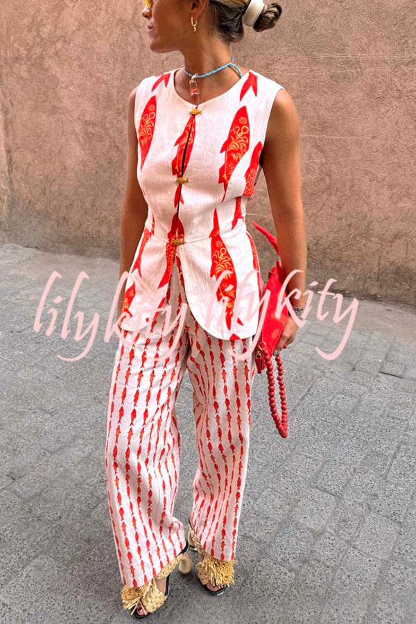 Good Luck Linen Blend Koi Pattern Metal Buttons Waisted Vest