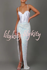 All about Glam Satin Corset Sequin Twist High Leg Split Maxi Dress