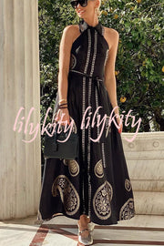 Vacation Calls Unique Print Shirt Neck Sleeveless Tie-up Pocketed Maxi Dress