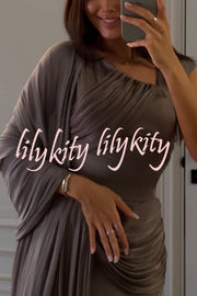 Solid Color Satin Sleeveless Waist Elegant Pleated Ribbon Maxi Dress