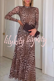 Revina Mesh Leopard Print Mock Neck Gathered Waist Long Sleeve Stretch Midi Dress