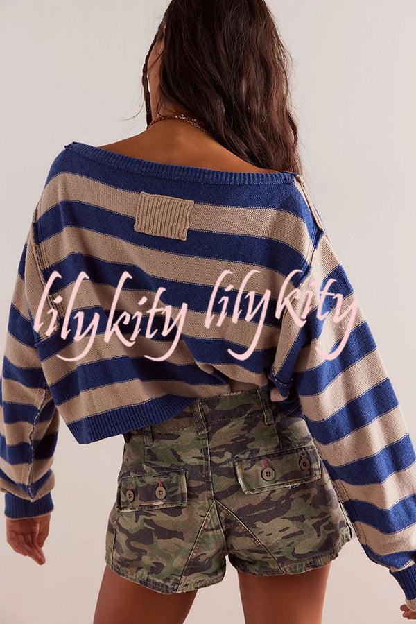 Striped Print Crew Neck Long Sleeve Loose Knitted Sweater