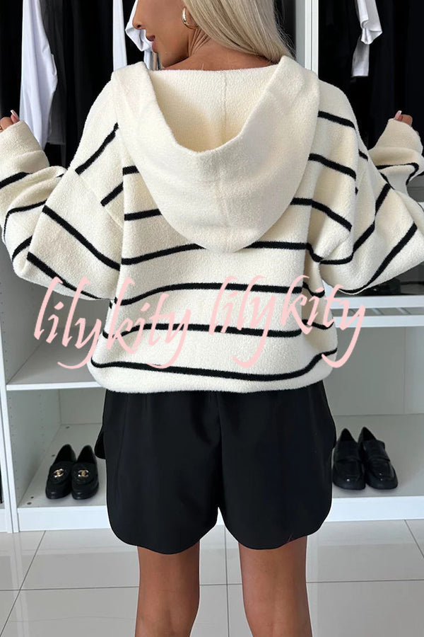 Fashion and Comfort Knit Striped Button Up Pocketed Loose Hooded Cardigan