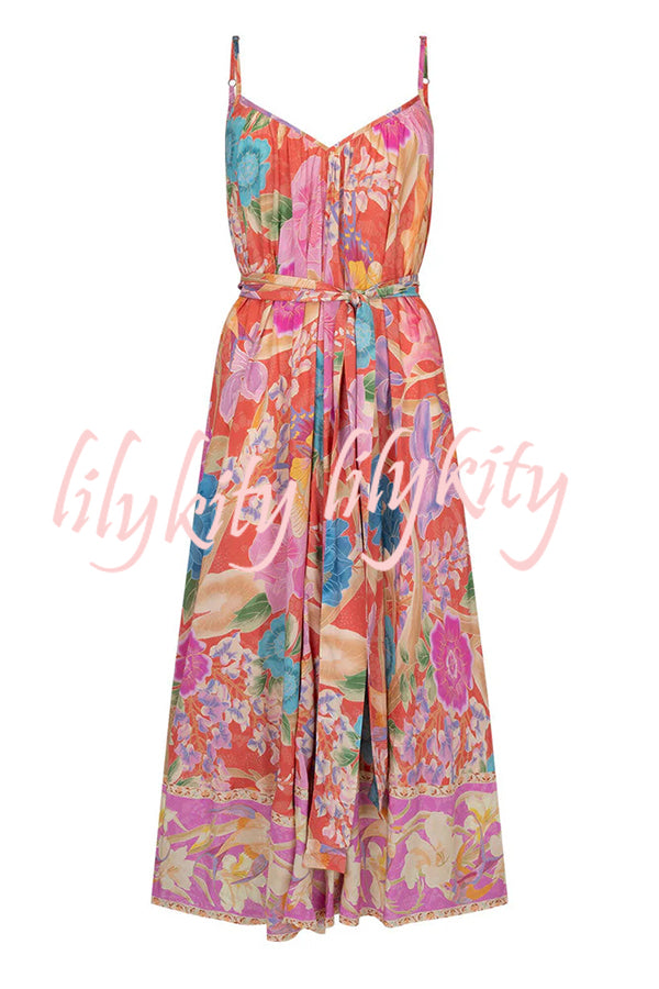 Painter's Garden Boho Floral Print Strappy A-line Maxi Dress