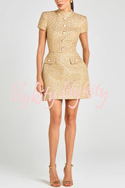Gold Standard Tweed Fabric Pearl Button Short Sleeve Pocketed Mini Dress