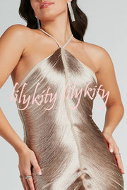 Sexy Allnight Metallic Halterneck Backless Fringed Slit Maxi Dress