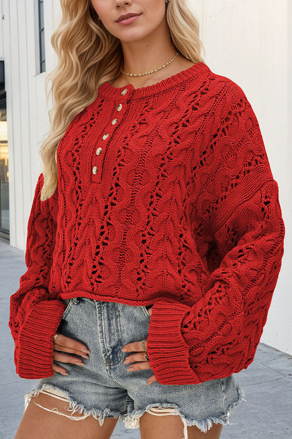 Solid Color Loose Long-sleeved Openwork Cable Knit Sweater