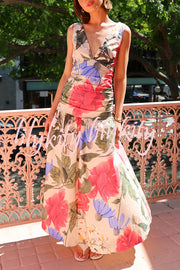 Floral Print Sleeveless V-neck Fitted Maxi Dress