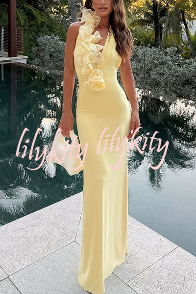 Vacay Mode Ruffles Trim Halter Backless Stretch Maxi Dress