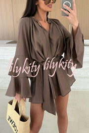 Molly Linen Blend Tiered Bell Sleeve Tie-up Cover-up Mini Dress