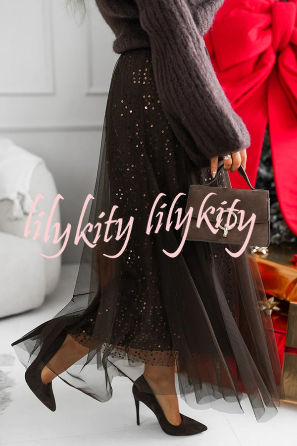 Party Daydream Sequin Tulle High Rise Elastic Waist Maxi Skirt